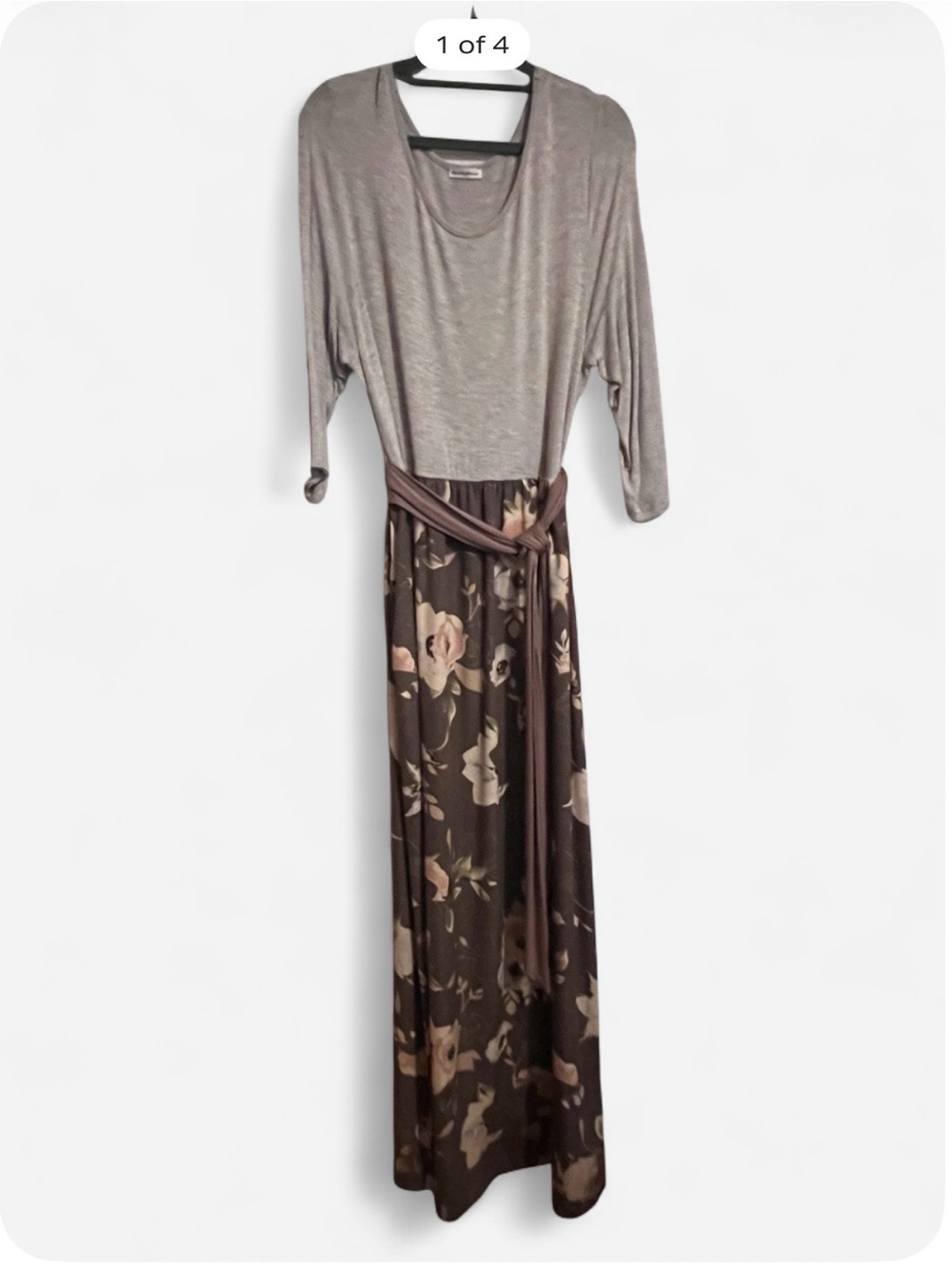 EGS California Grey Mocha Floral Sash Maxi Dress